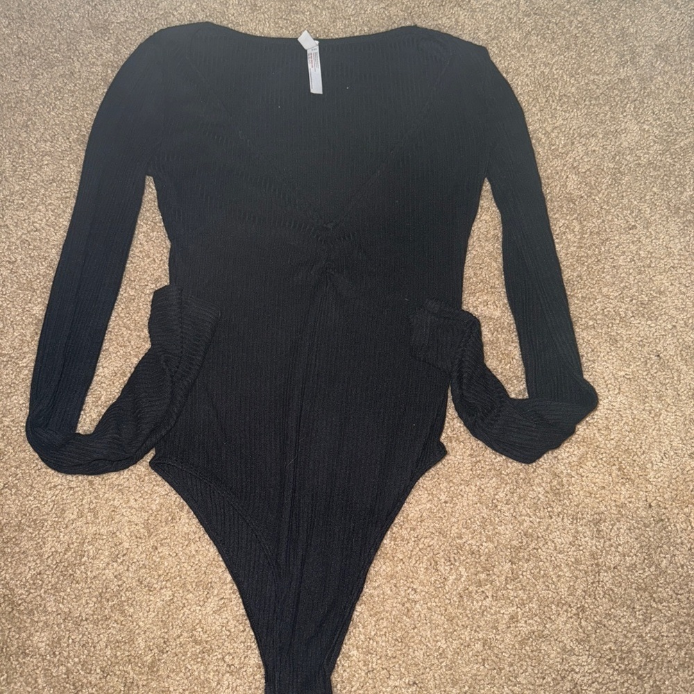 Free People Black Ribbed Long-Sleeve Bodysuit